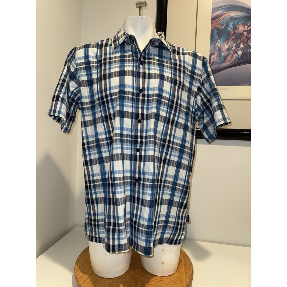 Patagonia Men's Large Plaid Short Sleeve Button Front Shirt Blue Organic Cotton - Picture 1 of 8